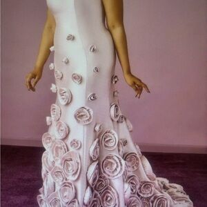 Blush Pink Rose-Appliqué Mermaid Maxi Dress